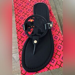 Tory Burch Black Sandals with Gold Logo Detail